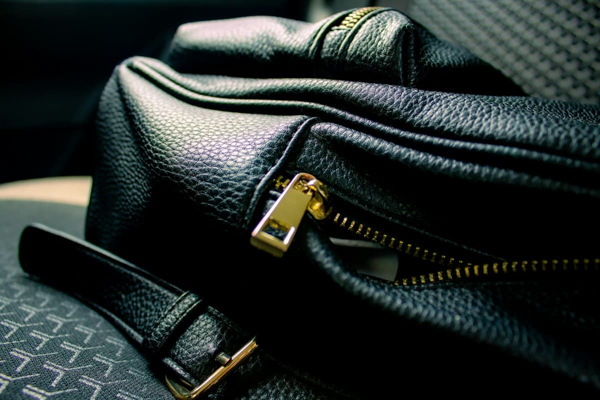 Gold zip pull on a black leather bag
