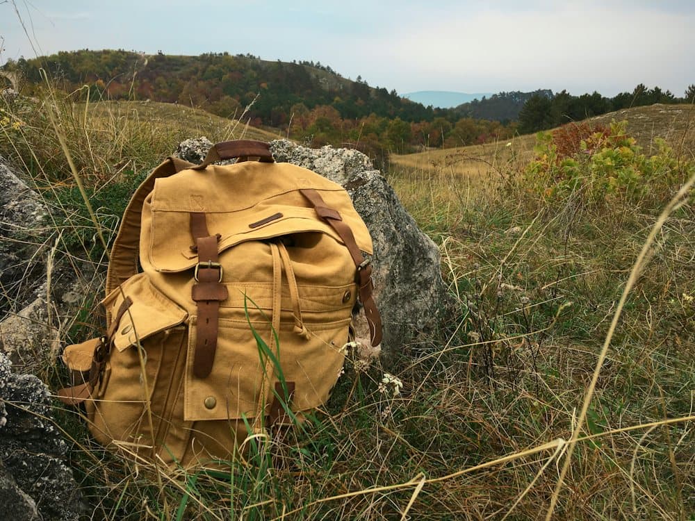A mustard canvas rucksack resting on a rock in a grassy field