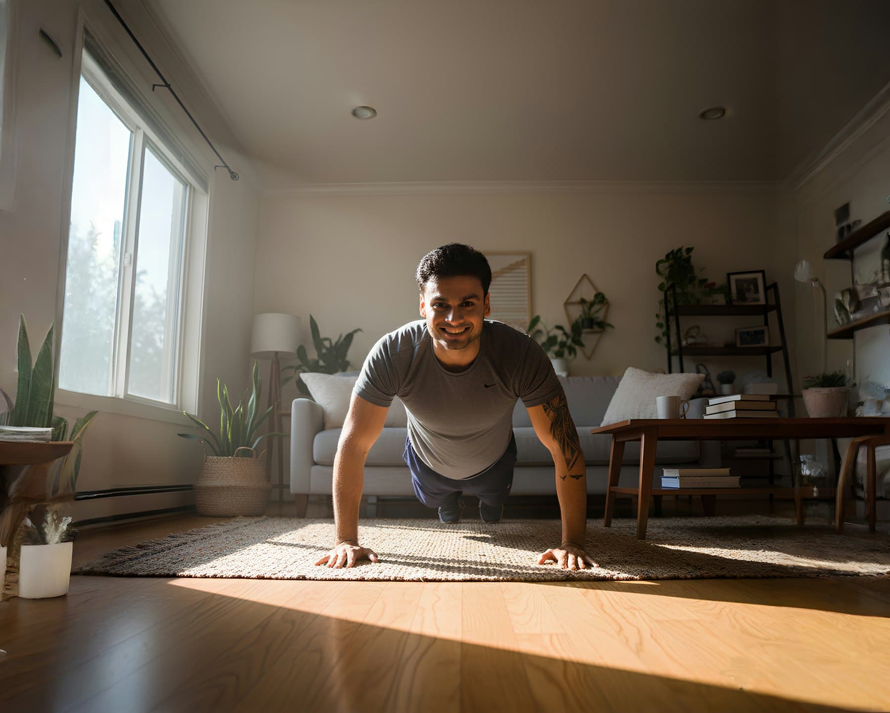 A man doing push-ups on a mat in a sunlit living room